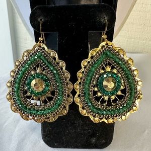 Large goldtone and greet sparkly rhinestone earrings
